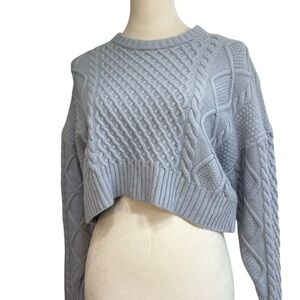 Sunday Best Cable Knit Cropped Sweater | Merino Wool Blend | Light Blue | XS